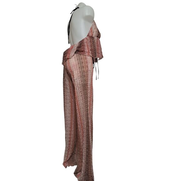 Forever 21 Womens Lace Sheer Halter Jumpsuit Pink Brown Boho Festival Lounge L - Picture 7 of 8